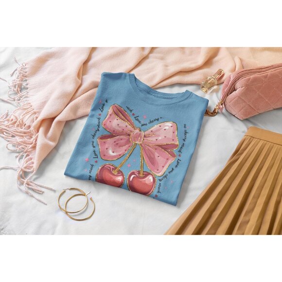 Valentine Cherries Tee Love T-Shirt Gift Shirt Valentines Day Top - Picture 6 of 11